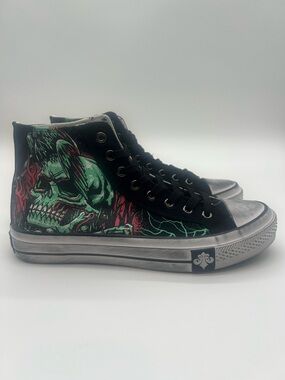 Affliction Black High-Top Sneakers with Green and Red Skull Graphic